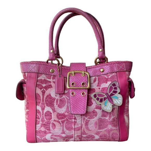 Coach Handbags - COACH Signature C Chenille Python PINK Boxy Butterfly Tote Bag Purse Satchel